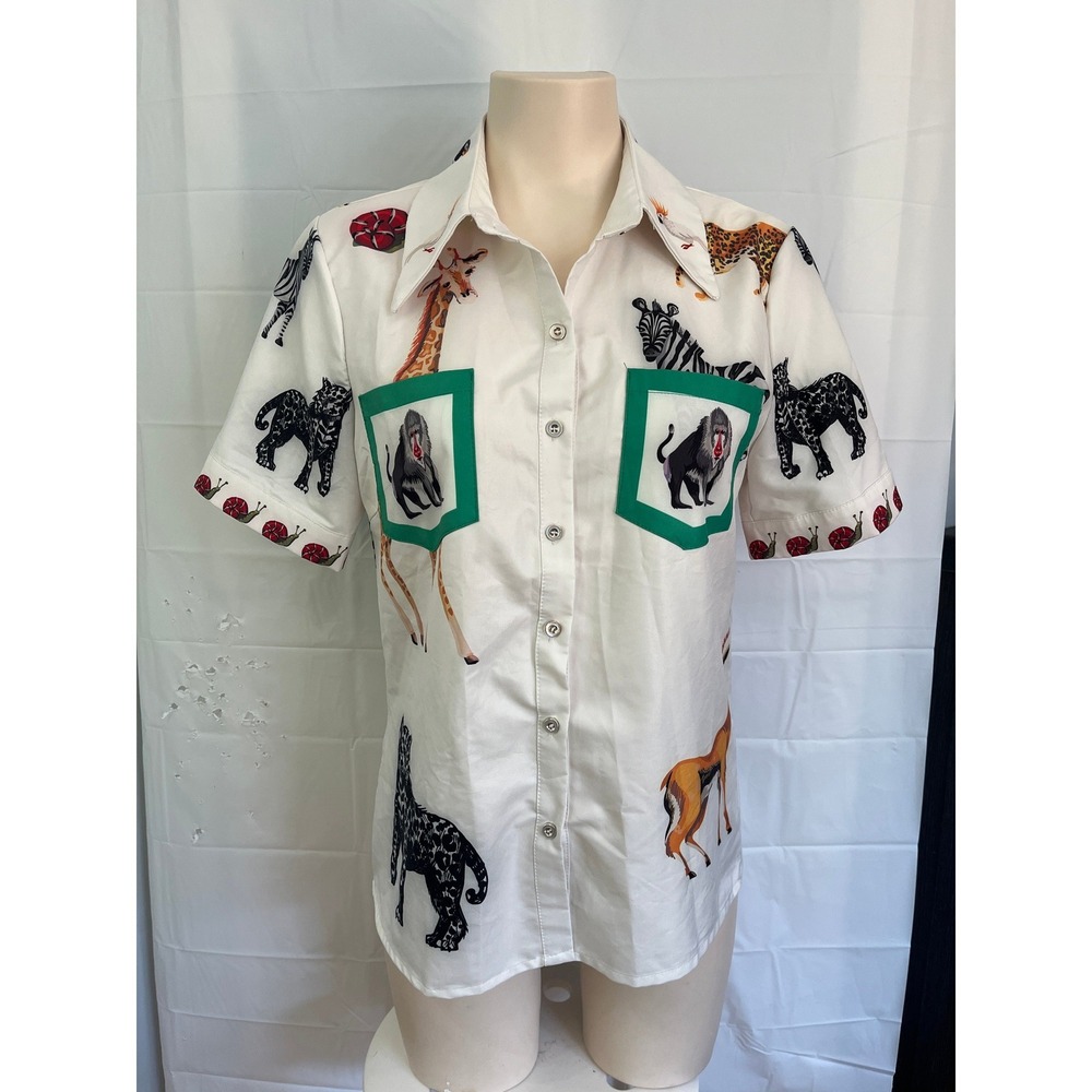 Safari Animal Print Button Down Shirt White Short Sleeve Giraffe Zebra